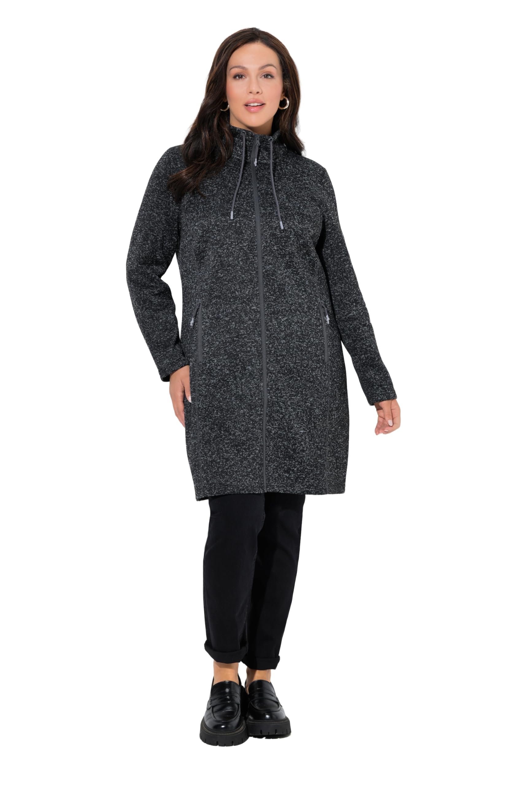 Ulla Popken Damen große Größen Übergrößen Plus Size Strickfleecejacke, Stehkragen, lang, Zipptaschen 837204