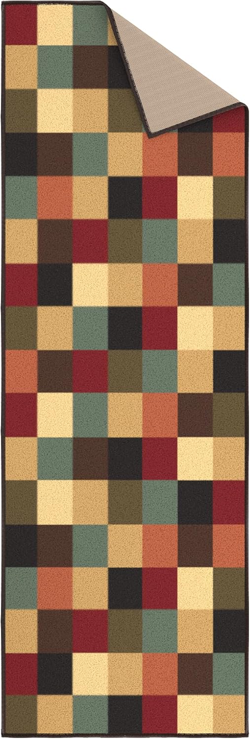 Ottomanson 20" x 53" Kitchen Runner Rug – Non Slip Stain Resistant Low Pile Kitchen Floor Mat for Sink, Laundry Room, Hallway & Bathroom, Checkered Multicolor
