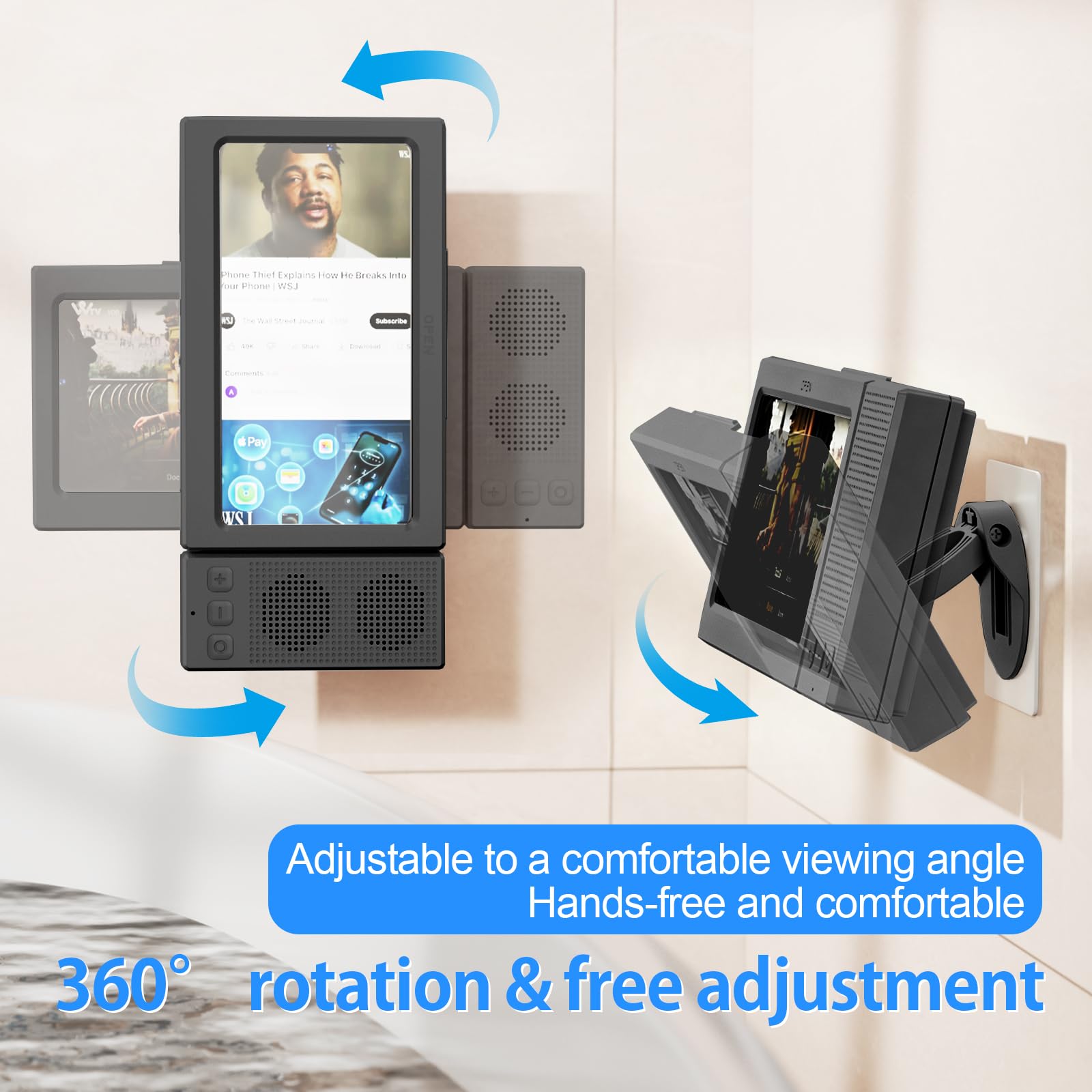 Soporte para teléfono de ducha impermeable con altavoz Bluetooth dual, funda giratoria de 360°, soporte de pared antivaho para espejo de baño, bañera y cocina, se adapta a iPhone 17, 16, S26U de 4 a 7