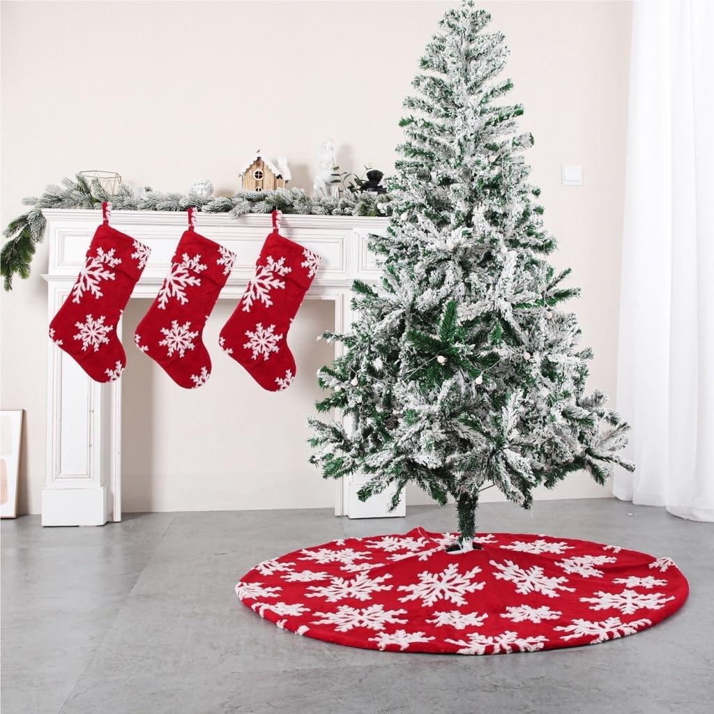 Tree Skirt Christmas Christmas Tree Skirt Comfortable Cotton Velvet Jacquard Tree Skirt Snowflake Plush Tree Bottom Tree Skirt Christmas Skirt Tree(122cm)