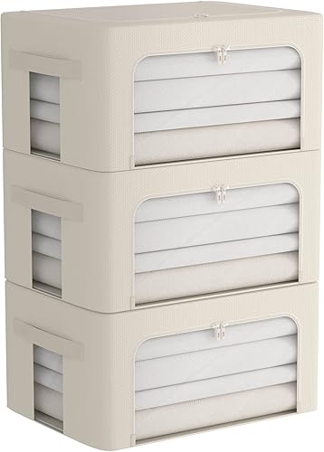 Miniatura 13 de Paquete de 3 cajas de almacenamiento con marco, bolsas de almacenamiento de ropa, tela Oxford, plegable, apilable, juego organizador con ventana
