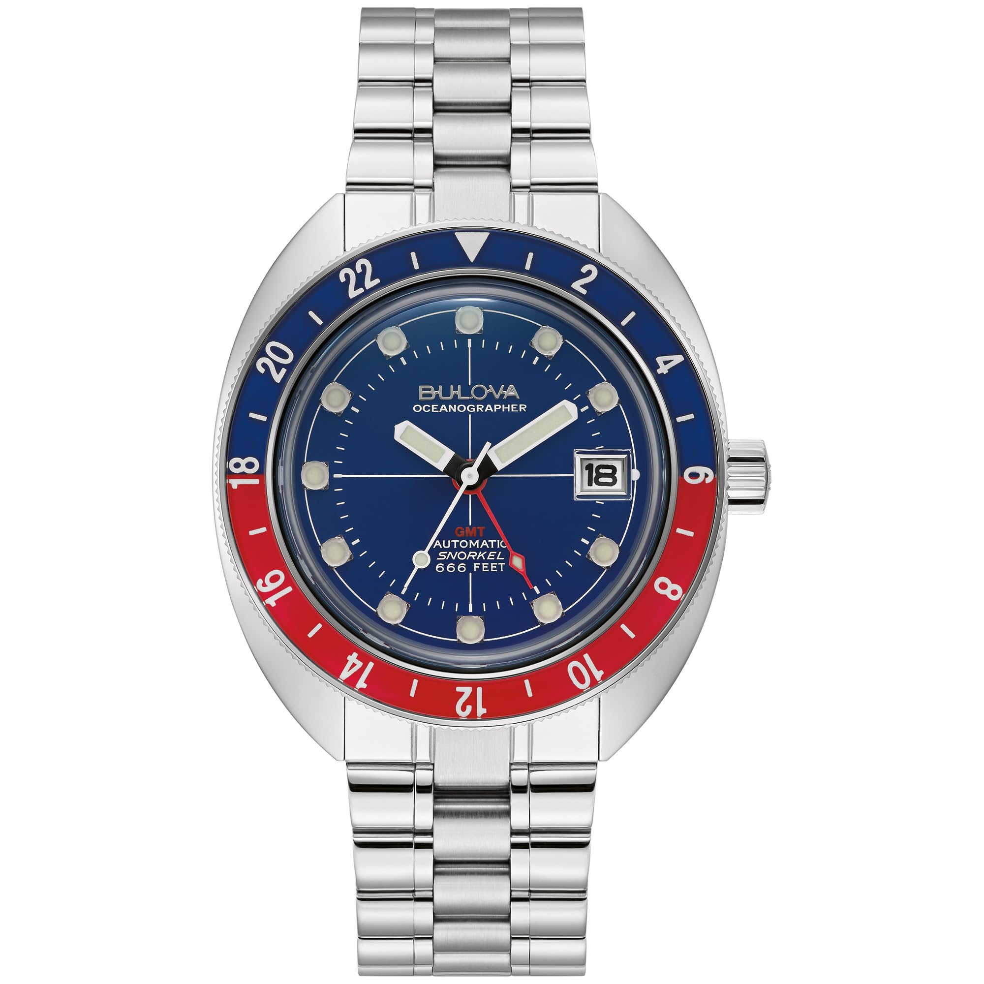 Bulova Men's Oceanographer Snorkel GMT Stainless Steel Watch, Blue and Red Bidirectional Rotating Bezel, Bezel, Blue Dial Style:96B405