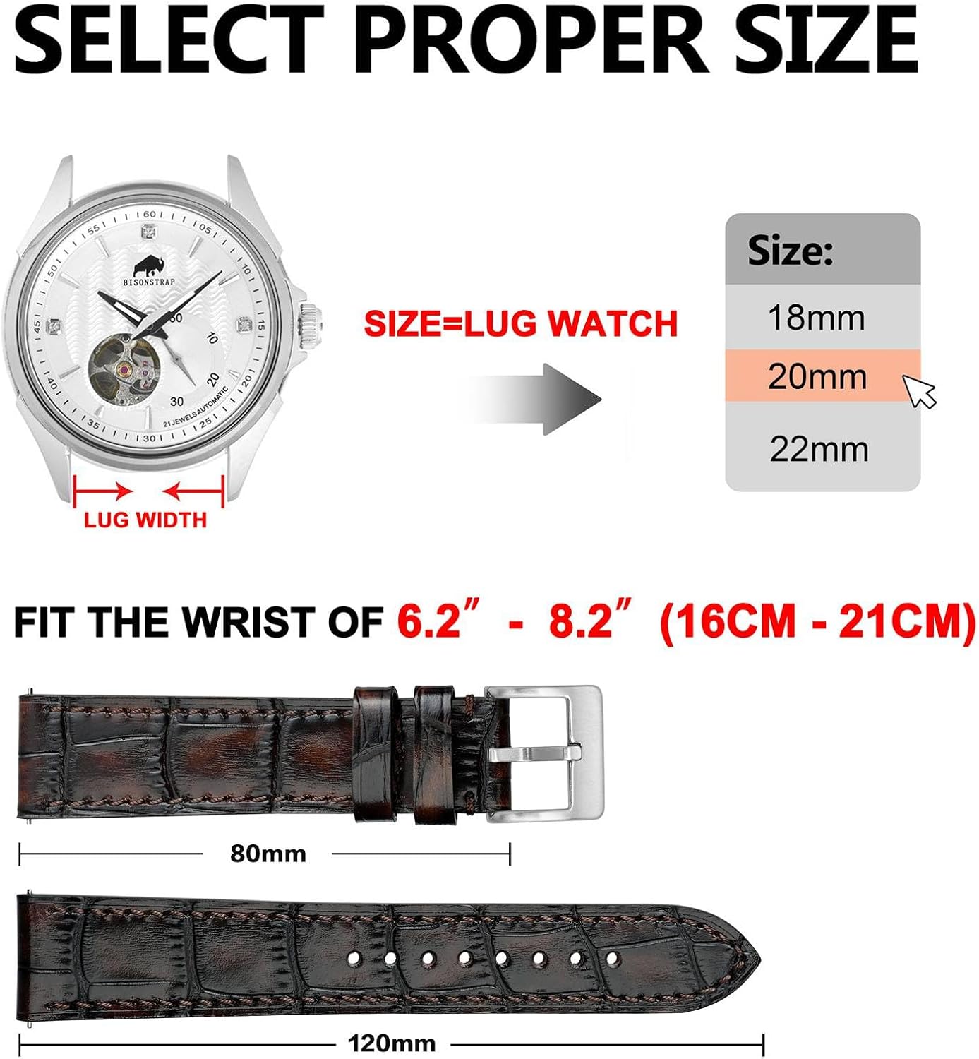 BISONSTRAP Sophisticated Watch Bands 18mm 20mm 22mm, Italian Leather with Alligator Embossed Pattern, Quick Release Replacement Straps