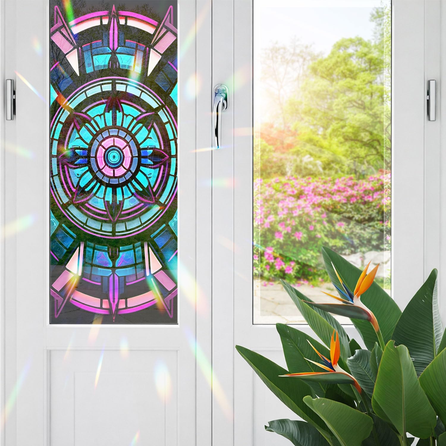 Decorative Neon Pulse Mandala Stained Glass Window Film, Stained Glass Window Film for Bathroom Door Heat Anti UV