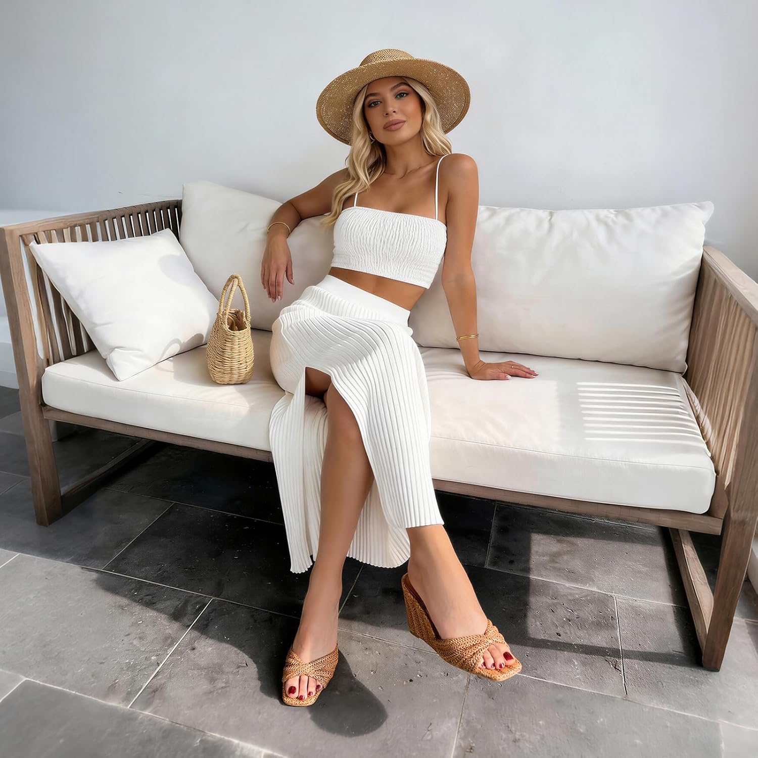 Wedge Sandals for Women Summer Raffia Braided Mules Slides - Slip On, Square Open Toe, Dressy, Beach, Evening - Image 5