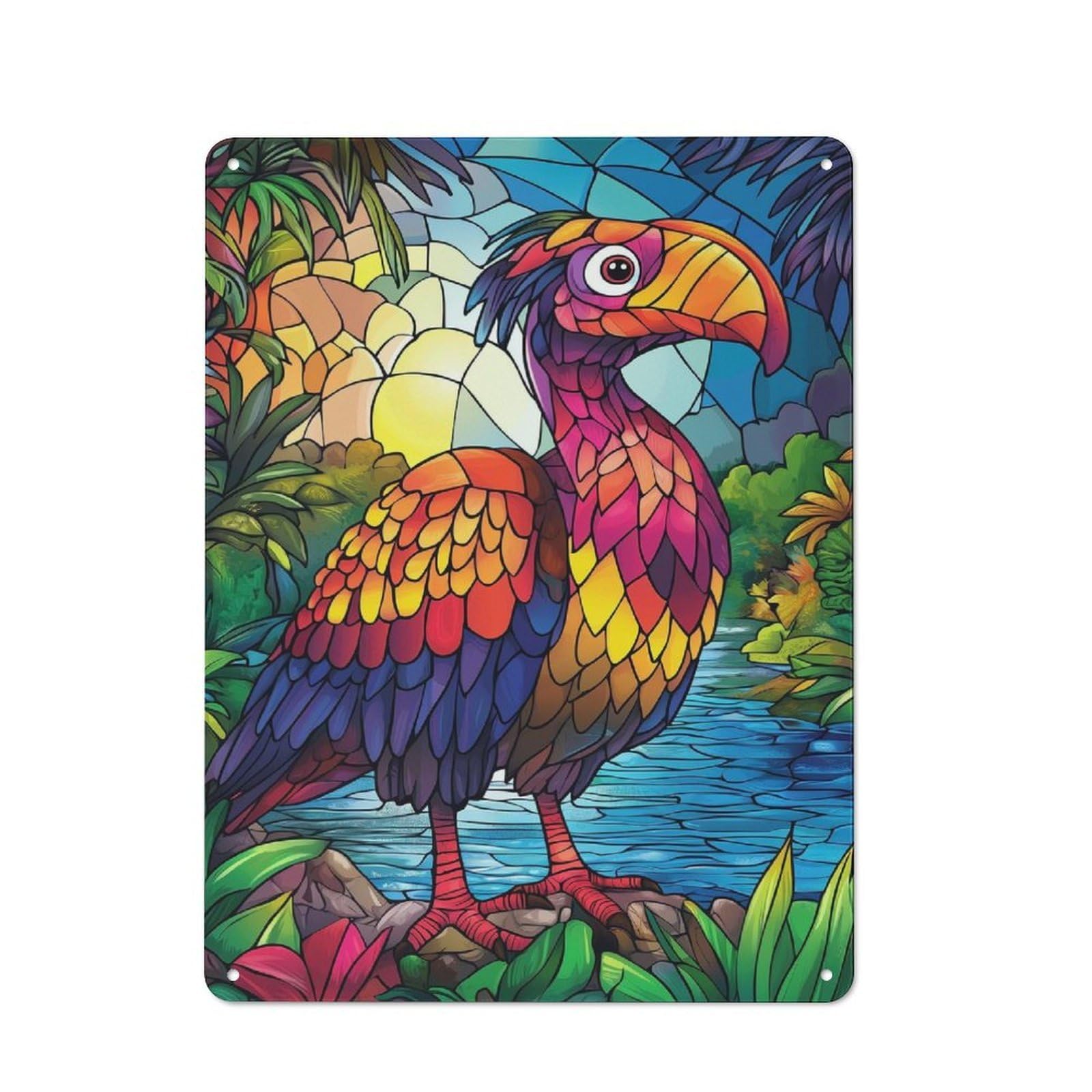 Junmoney Style-8 Retro-Style Metal Sign 40X30cm Featuring Stained Glass Bird For Garage Wall, For Vintage Wall Decor Fans, For Metal Sign Collectors