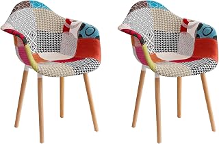 Set of 2 Patchwork Armchairs, Fabric Dining Chairs with Legs Solid Natural Book Wood (Red)