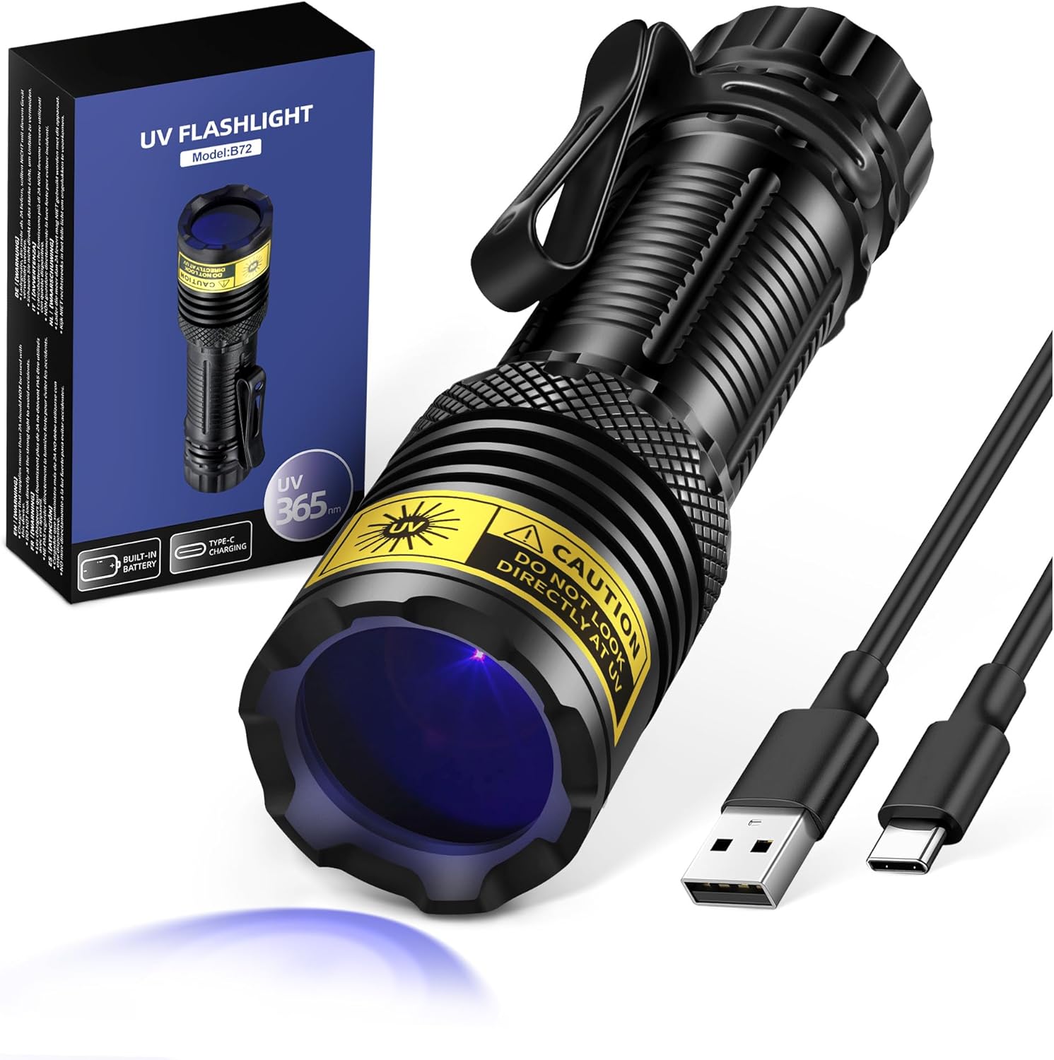 UV Flashlight USB-C Rechargeable 365nm, Mini Black Light Flashlight, Wood's Lamp Water Resistant Portable, Powerful LED UV Blacklight, Detector for Pet Urine, AC Leak Detection, Curing Resin