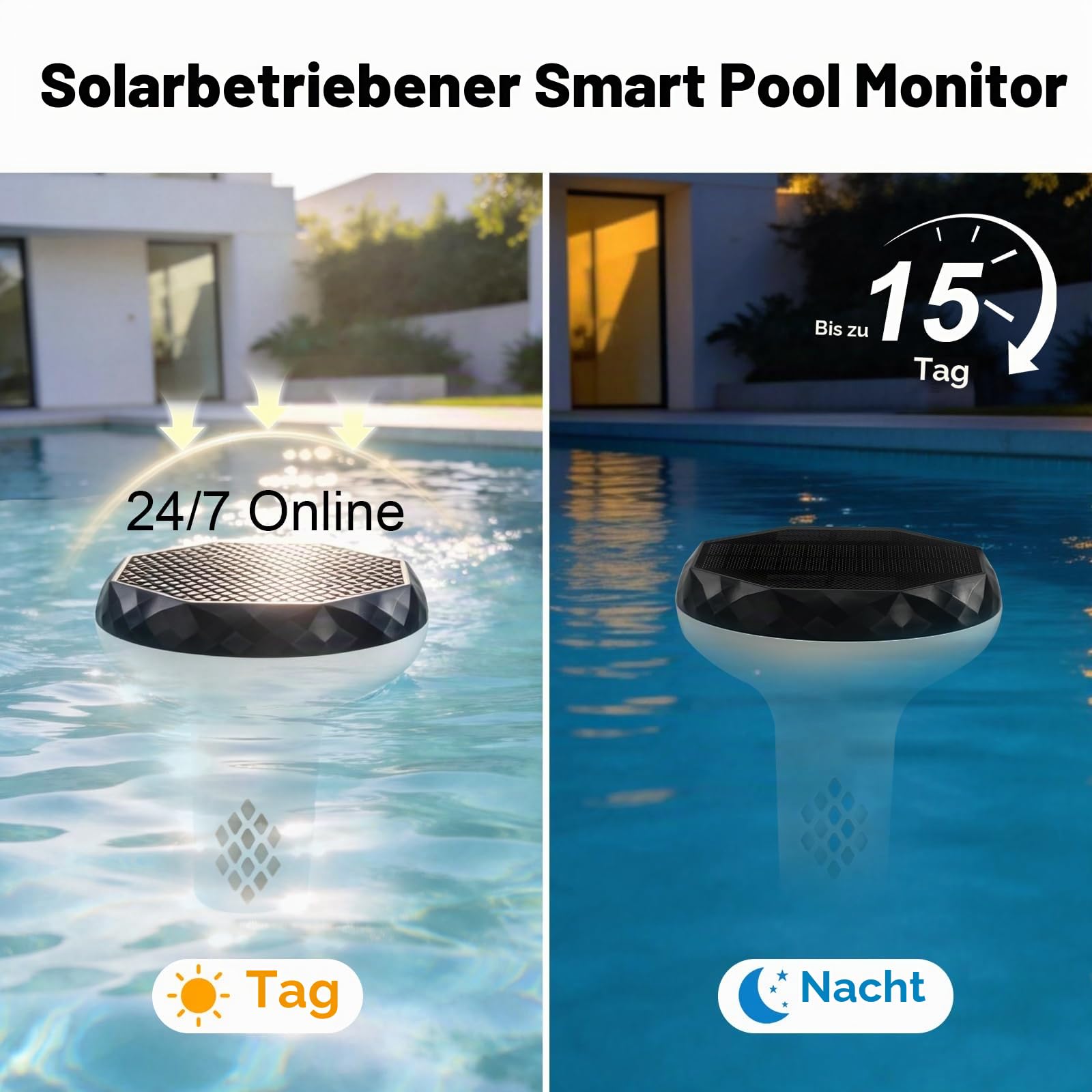 Solar Pooltester 6-in-1 Smart Wassertester mit WLAN-Box – pH, Salz, EC, ORP, TDS, Temperatur – Schwimmender Solar-Wasserqualitätstester für Pool, Spa & Whirlpool
