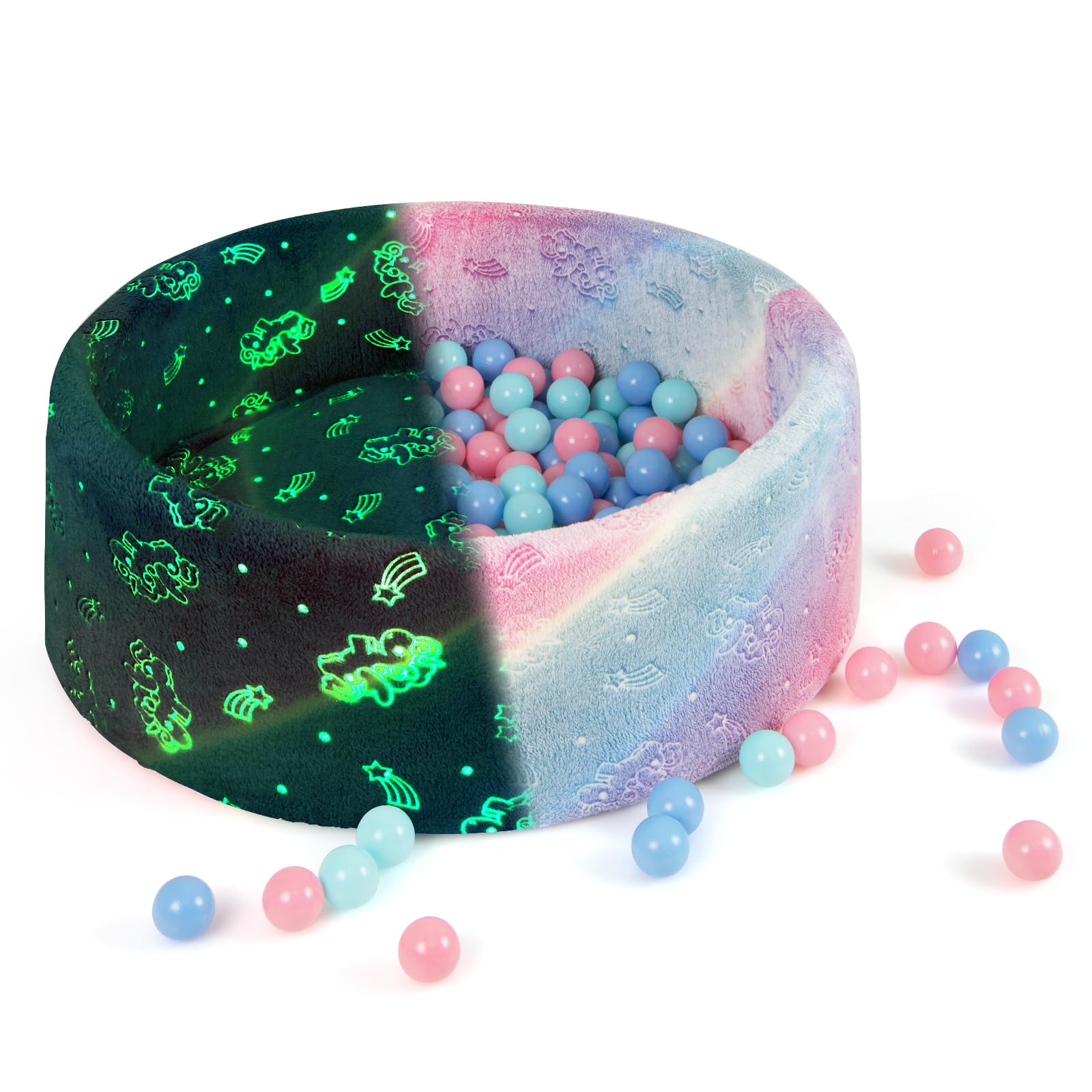 COSTWAY Foam Ball Pit, 90 x 30cm Glow in the Dark Round Balls Pool with 200 Colorful Ocean Balls, Removable Cover, Soft Baby Playpen for Indoor Outdoor (Unicorn)