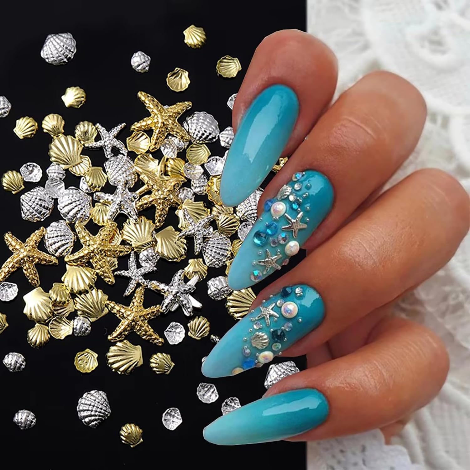 12 Grids Ocean Nail Art Studs 3D Nail Charms Sea, Horse, Starfish, Shell Multi Shapes Metal Nail Rivets Stud Gold & Silver 3D Nail Decoration for DIY Manicure Supplies