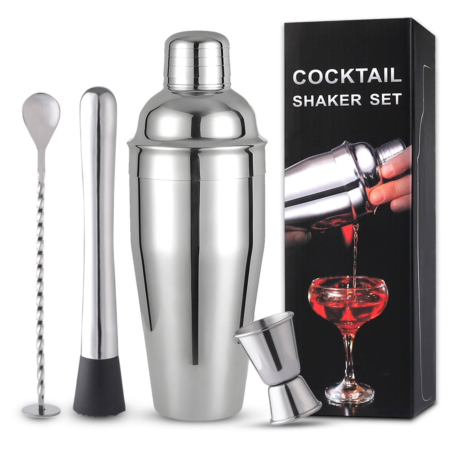 Homiu Cocktail Shaker Set 5-teilig – Edelstahl, Regenbogen-Design, Inkl. Sieb, Messbecher & Rezeptbuch