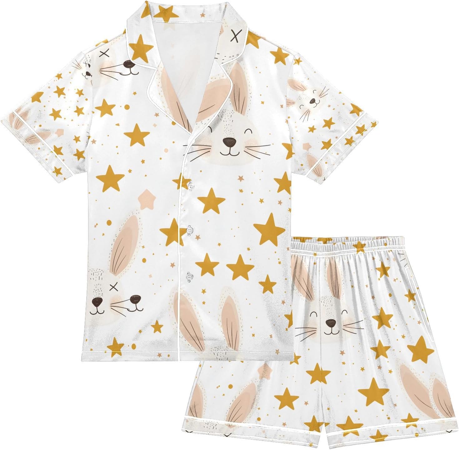 senya Cute Rabbit Face Stars Satin Summer Pajama Sets Silk Short Sleeve Button Down Sleepwear