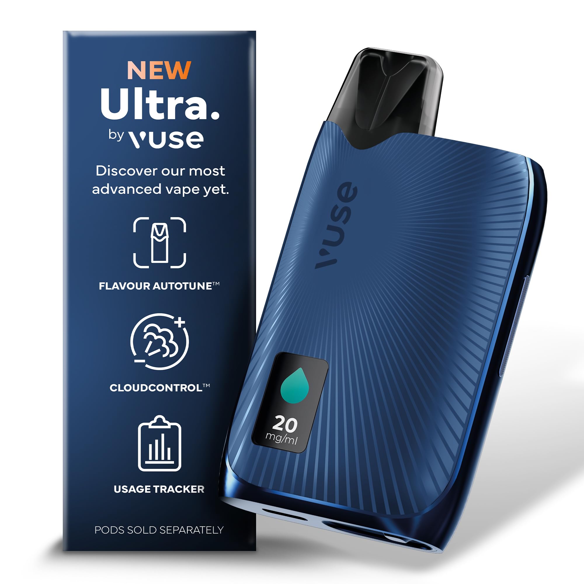 Vuse Ultra – Smart Vape with LED Display, Premium E-Cigarette Pod System, Flavour AutoTune, Cloud Control & MyVuse App for a Personalised Vaping Experience, Navy