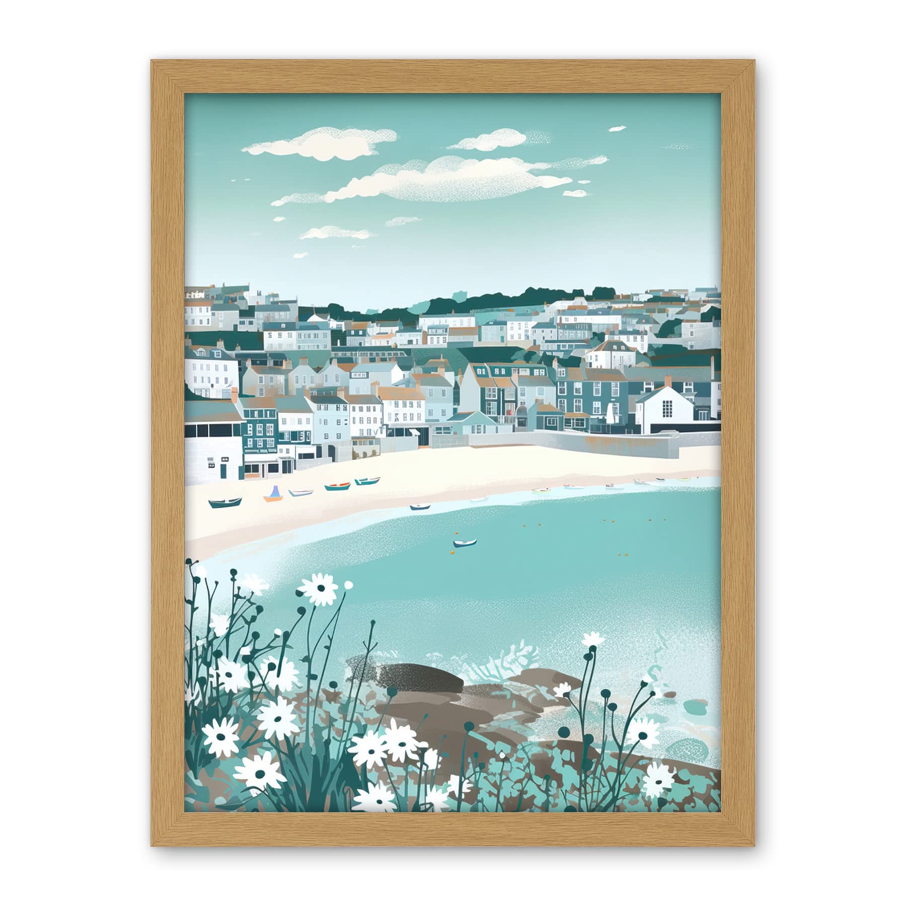 Artery8 St Ives Bay Daisies Soft Pastel Coastal Cityscape Artwork Framed Wall Art Print 18X24 Inch