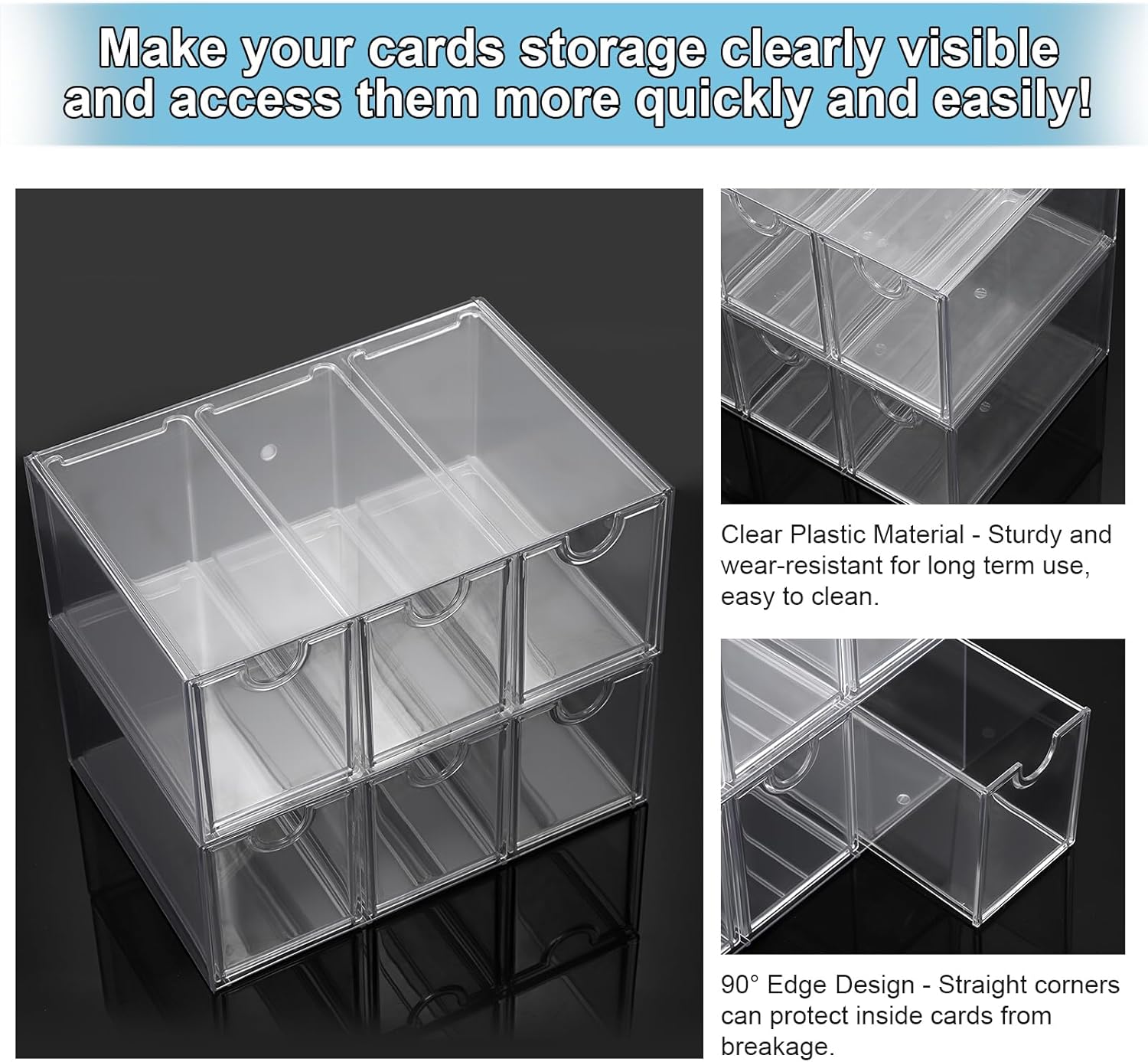 OwnMy 2 Plastic Trading Card Storage Box, Clear Stackable Card Organizers Storage Boxes with 6 Drawers, 2200+ Baseball Sports TCG MTG PTCG Card Deck Boxes