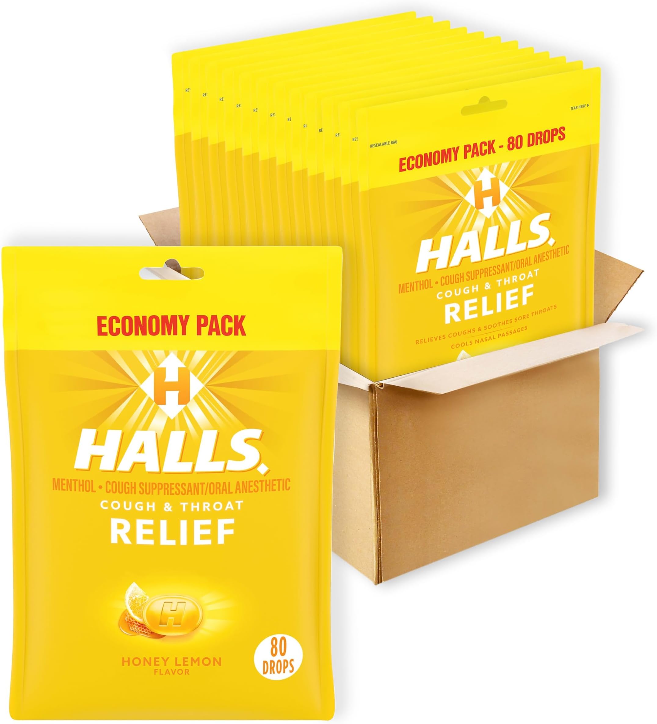 HALLS Relief Honey Lemon Cough Drops, Economy Pack, 12 Packs of 80 Drop Bags (960 Total Drops)