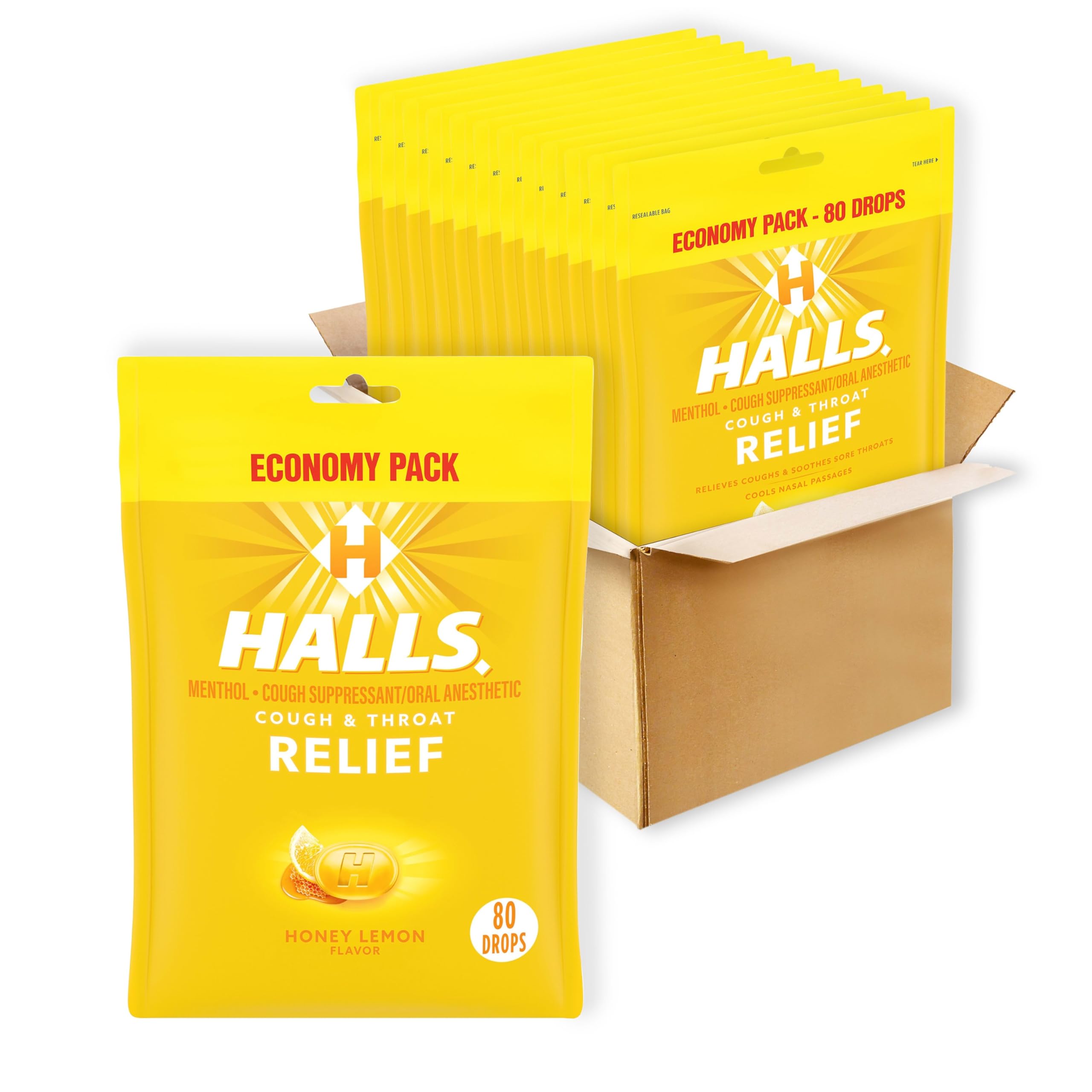 Relief Honey Lemon Cough Drops, Economy Pack, 12 Packs of 80 Drop Bags (960 Total Drops)
