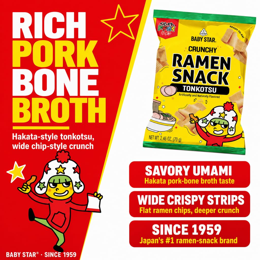 Baby Star Tonkotsu Crunchy Ramen Snack Wide | 69.7 g (6 Pack) | Delicious Dry Ramen Snack Packs