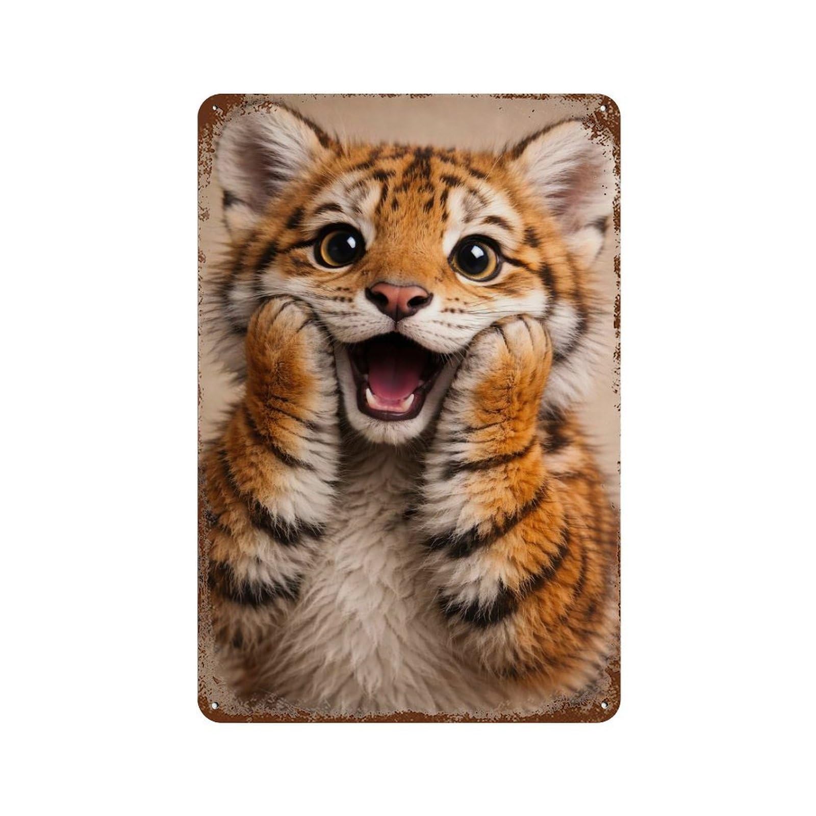Rust Effect Cute Tiger Cub Portrait Rusty Metal Tin Sign 11.8"x7.9", Farmhouse Wall Decor for Cafe, Home Bar And Lounge Decor
