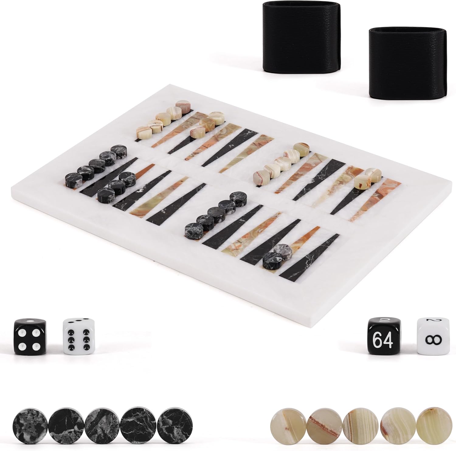 Marble Backgammon Set for Adults 16 Inches White Board with Zebra Black & Green Playing Chips, Ideal Marble Board Game Set for Home Décor