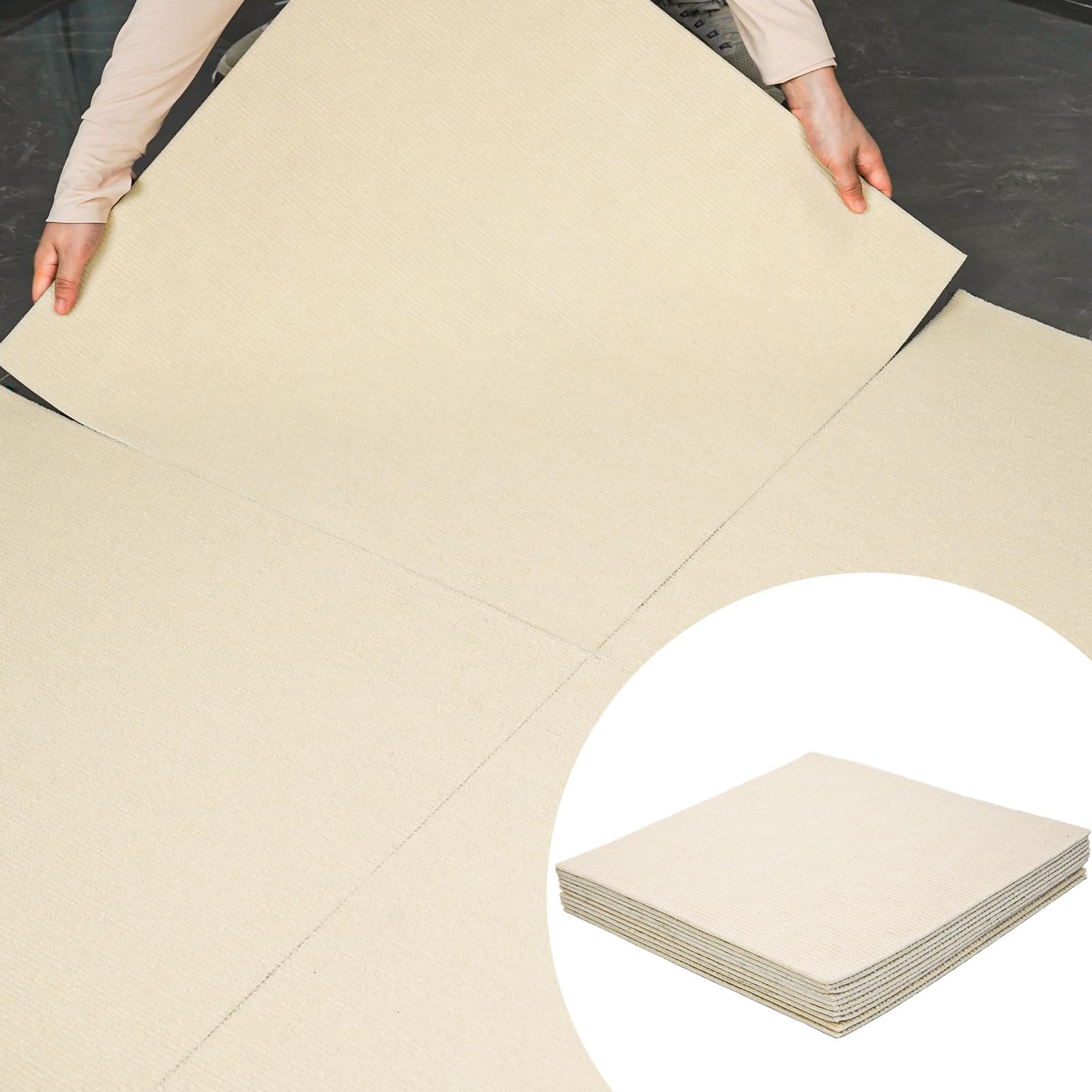 Carreaux de moquette à décoller et à coller, 61 x 61 cm, carreaux de moquette rembourrés doux, autocollants par boîte, 40 m² pour maison, salon, chambre à coucher, bureau, blanc cassé
