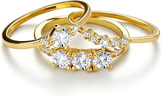 JSJOY Stackable Cubic Zirconia Rings for Women, 14K Gold Plated 3PCS Set Sizes 5-10, Valentine's Promise Rings Gift for Wife