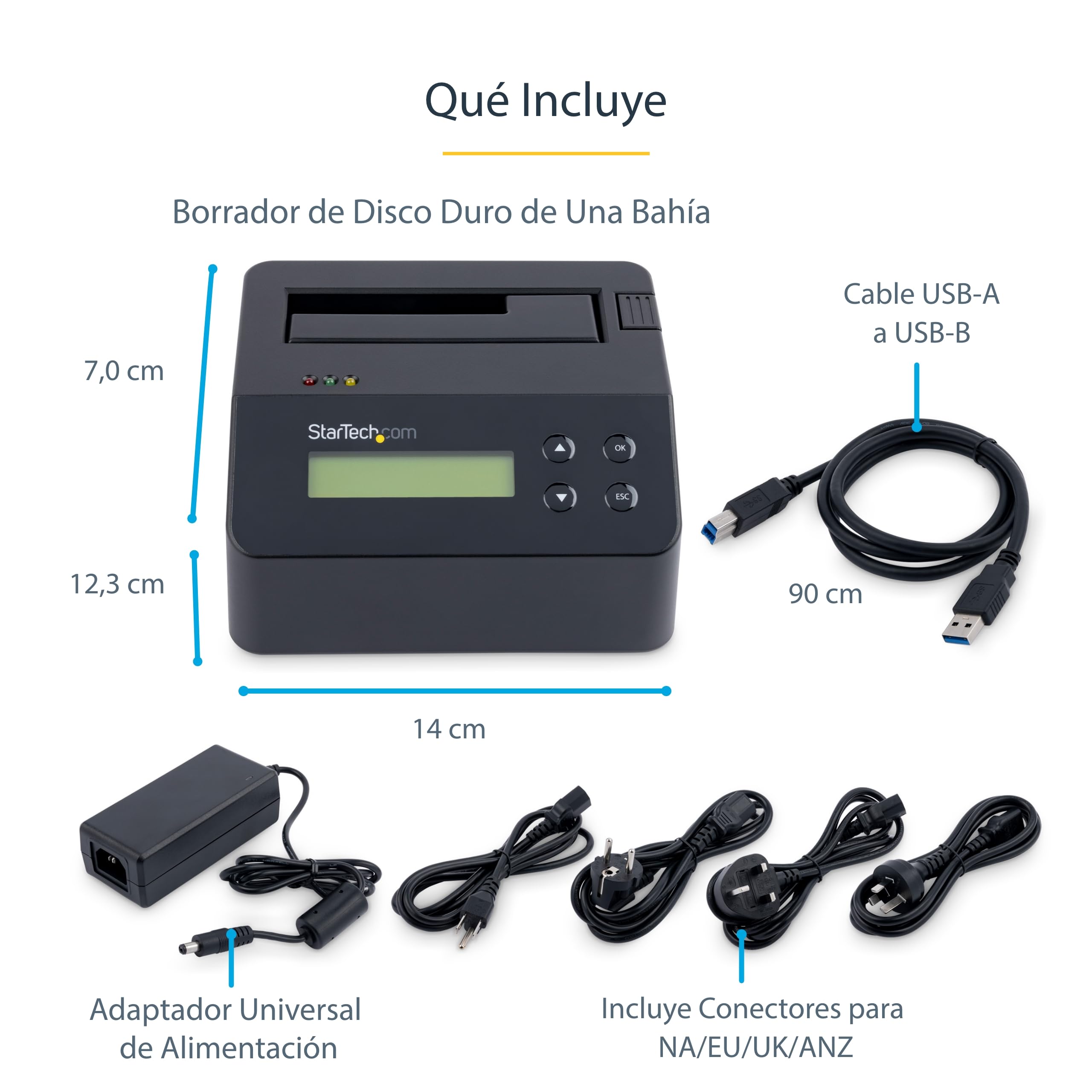 StarTech Borrador SATA 2,5/3,5in 1 Bahia, SATA II 3Gbps, LCD (SDOCK1EU3P) | Sanitizador de discos, Limpiador por hardware, Borrado seguro, 9 modos