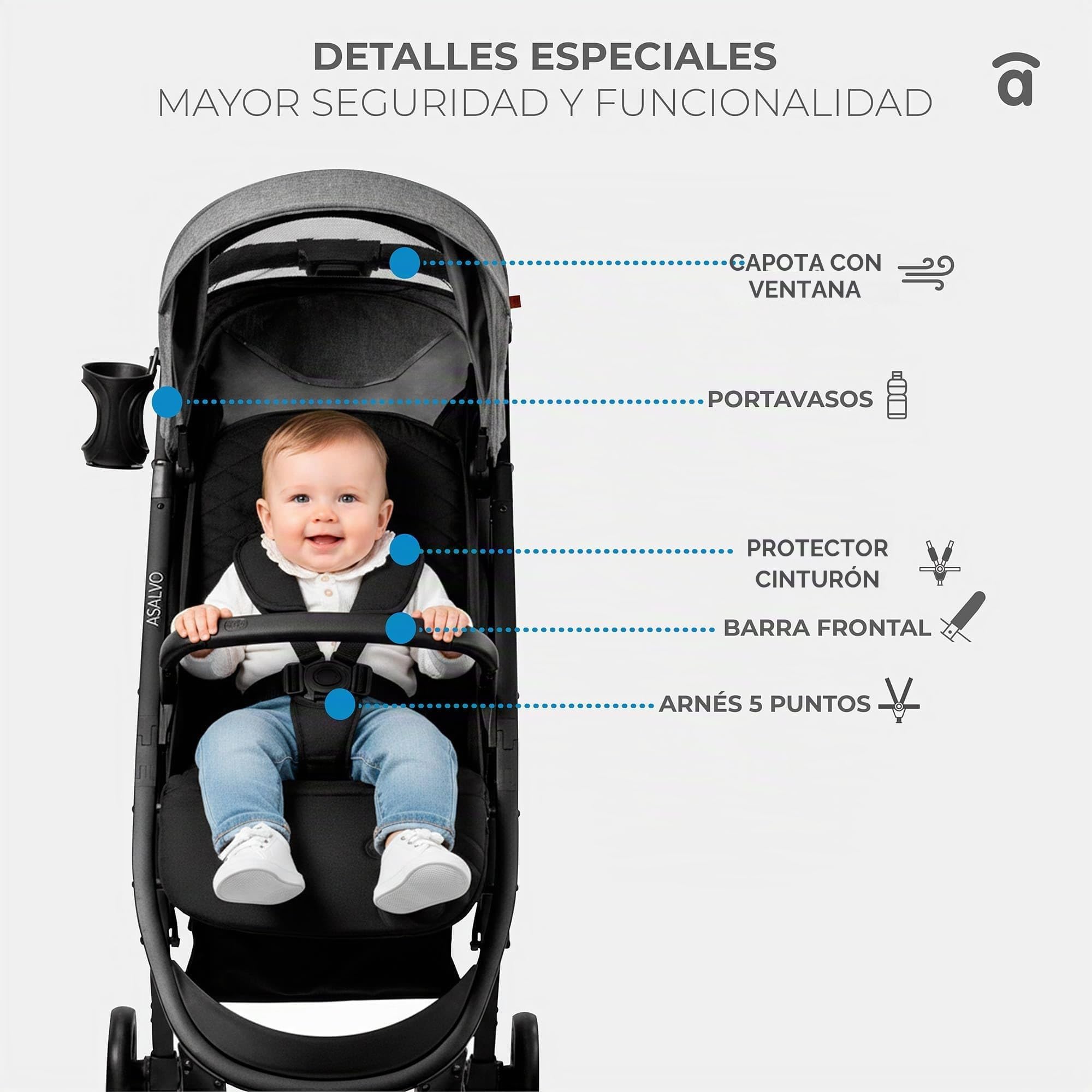 Asalvo COTTON 2 Silla de Paseo para bebé, Carrito de paseo con Respaldo Reclinable, Cochecito urbano, Arnés 5 Puntos, SPF50+, Capota con Ventana, Manejable y Máxima Seguridad Hasta 24 kg Gris