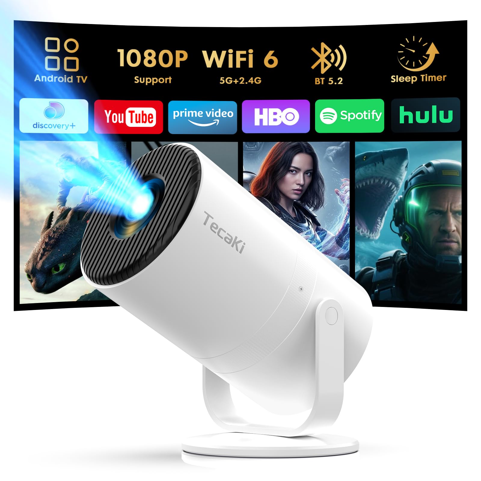 【Android 14 & Built-in Apps】Tecaki Mini Projector with WiFi 6 and Bluetooth 5.2, Portable Projector Support 1080P with Auto Keystone 180° Rotatable for Home Bedroom Compatible with TV Stick/HDMI/USB