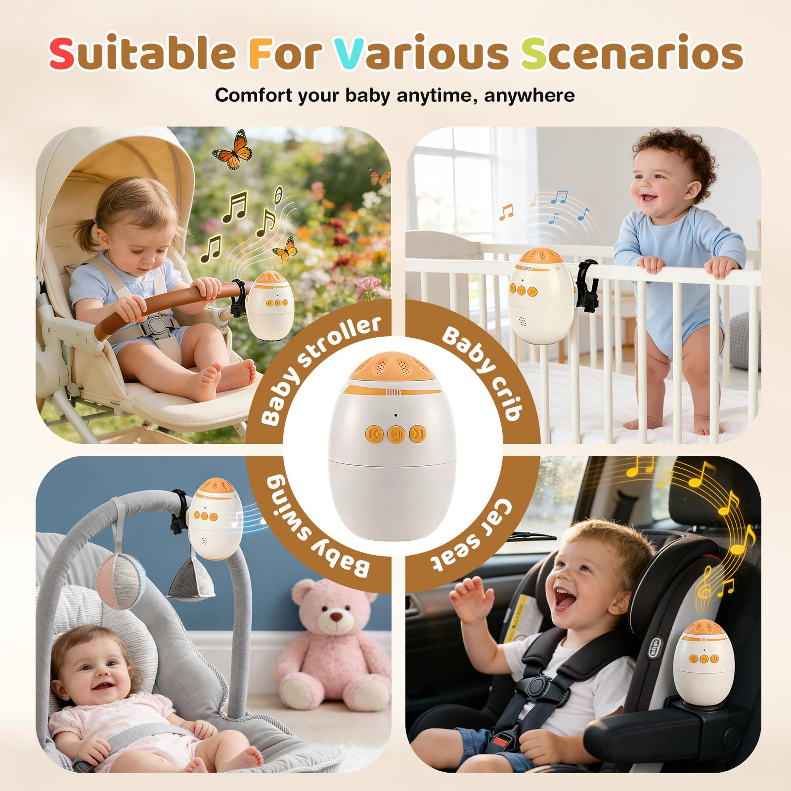 Berceur bébé Rechargeable avec Minuterie 45 Min, Portable Aide au Sommeil de Bébé Berce pour Toute Poussette Cane nacelle Landau, Vitesse Réglable