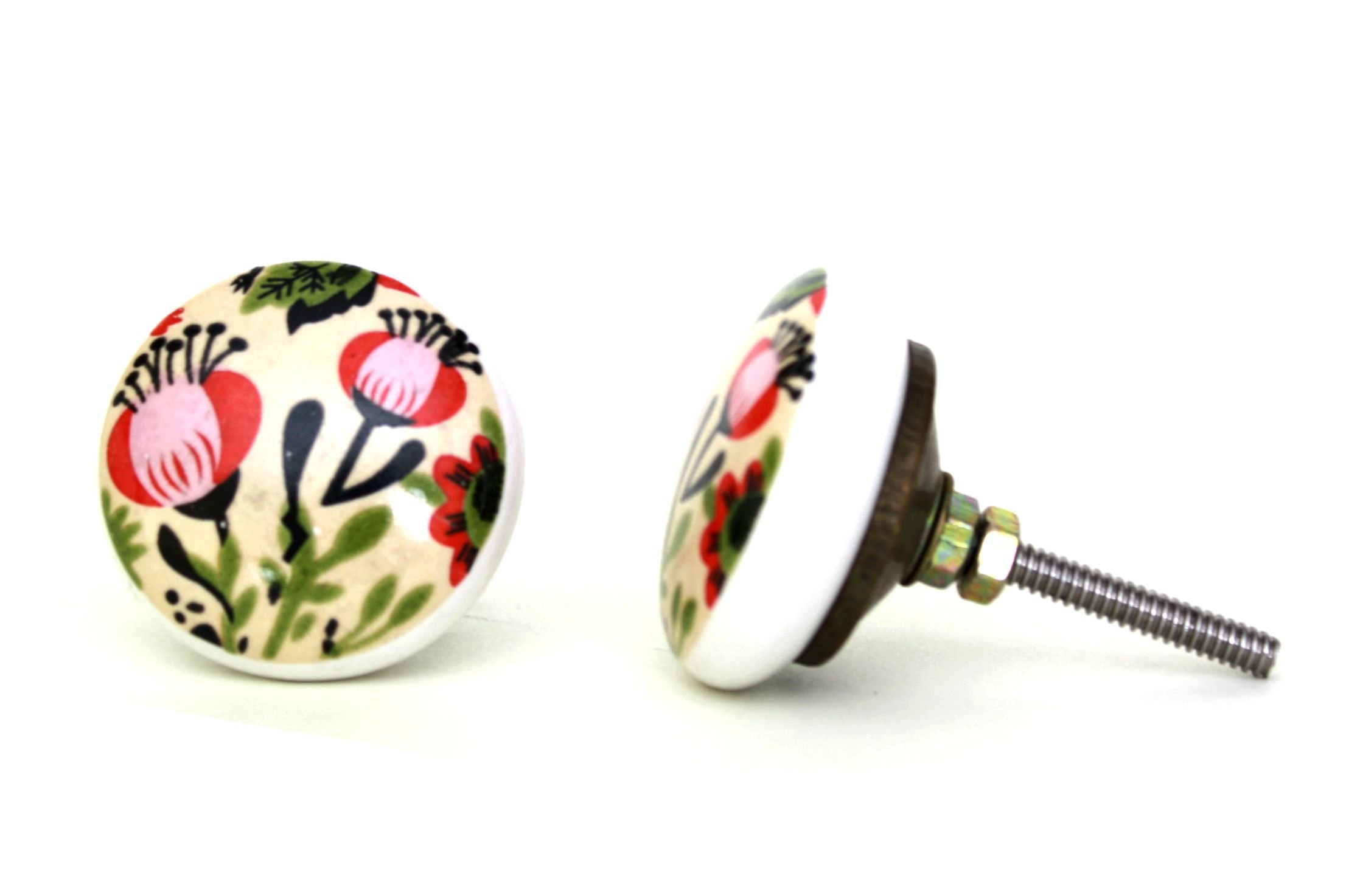 MarktSq Set of Four Flat Ceramic Knob with Poppy Flower