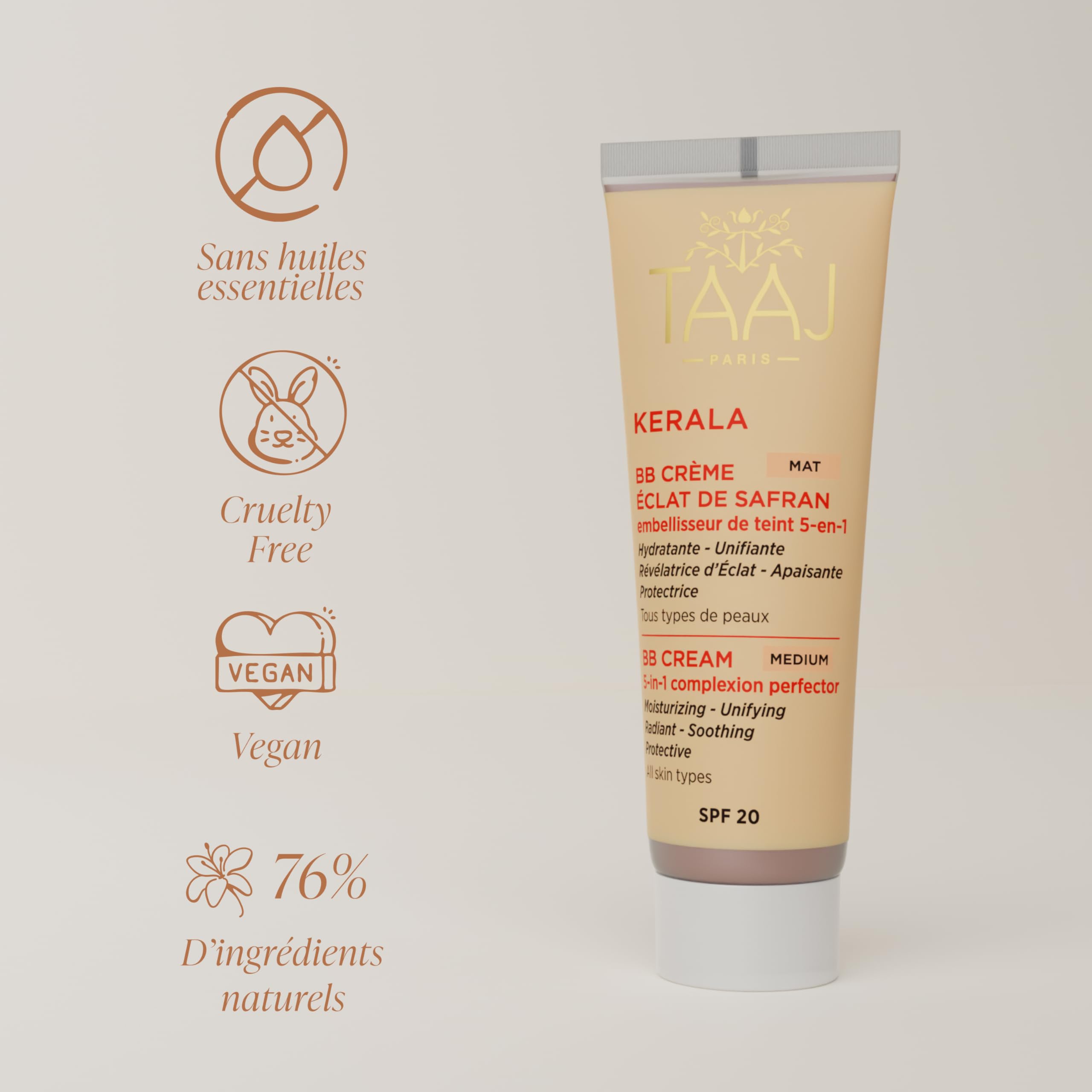 TAAJ | BB Crème Éclat de Safran Mat SPF 20 - KERALA | Hydrate, Unifie & Illumine le teint | Apaisante | Cible les irrégularités pour une peau parfaite | Texture légère & non grasse | Vegan | 50ml