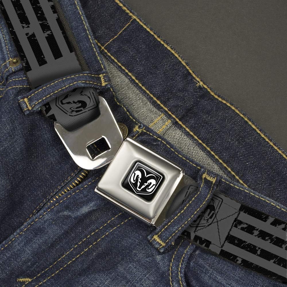 Buckle-Down Ram Belt, Seatbelt Buckle Belt, Ram Logo Americana Stripes Weathered Gray Black, Mens Womens Kids Adjustable