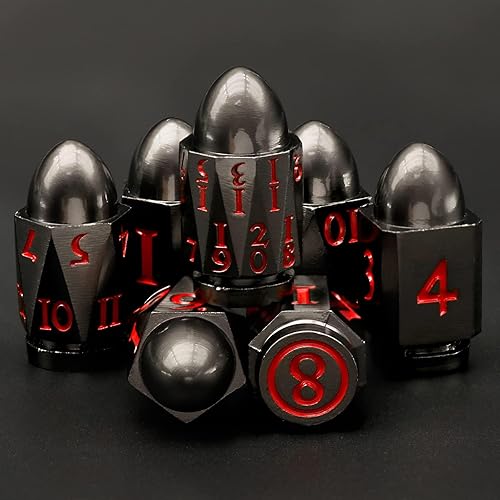 Miniatura 8 de ZHOORQI D6 - Juego de dados de bala, dados de metal DND, dados de pistola D6, regalos para D y D, juegos de rol (7 números rojos)