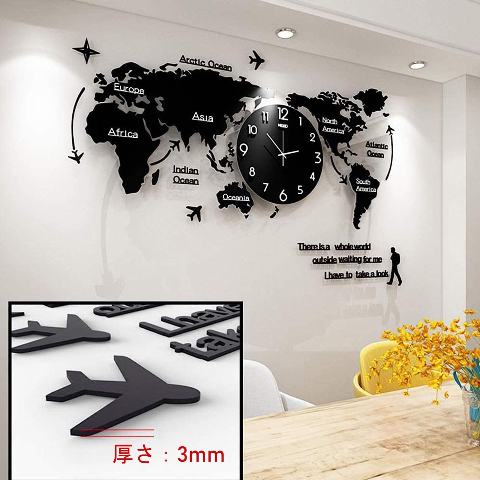 Amazon.co.jp: 大きい アクリル 世界地図 掛け時計 78x36cm、シンプル 