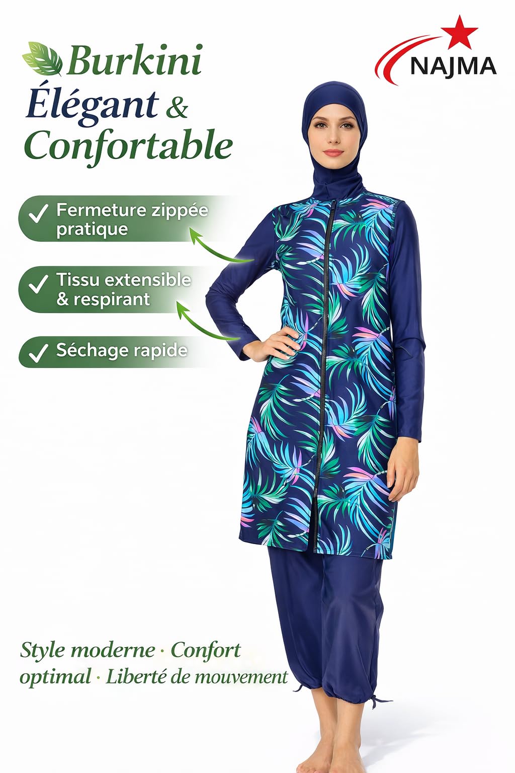 Burkini Fleuri,avec Soutien Gorge,4 piéce Burkini Femme Fleuri– Maillot de Bain Modeste avec Hijab – Anti-UV,