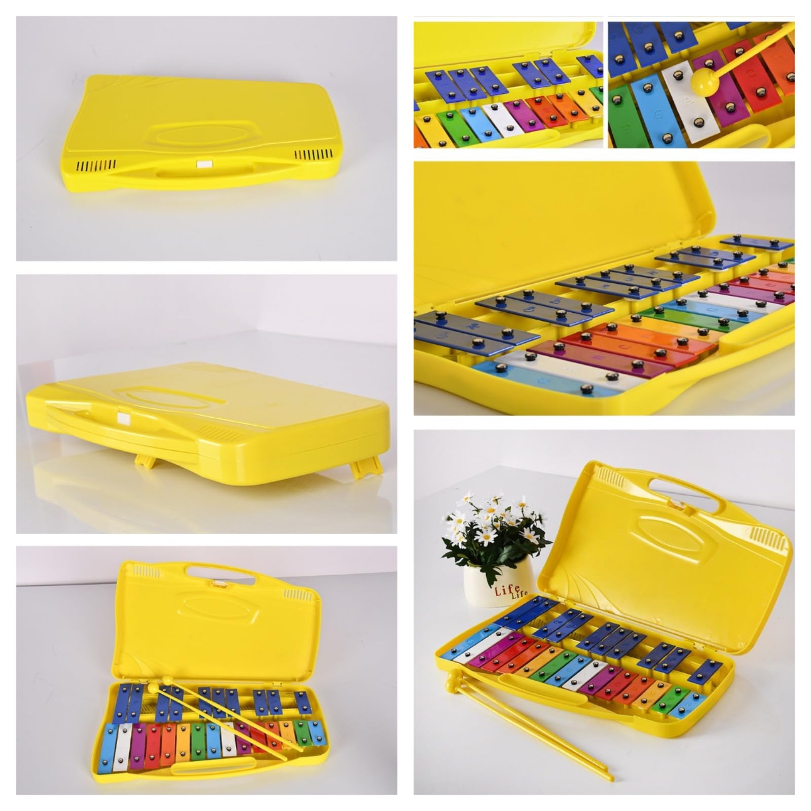Xilófono Glockenspiel Metalófono 25 Teclas Metálicas Instrumento ，musical de placa de aluminio de 25 tonos, percusionado a mano， con Estuche Amarillo ，Metalófono Percusión Manual