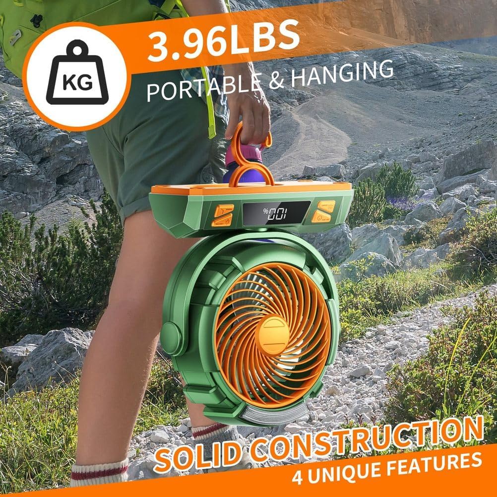 20000mAh Rechargeable Battery Powered Outdoor Tent Fan with Light and Hook, 6 Speed, Personal USB Desk Fan for Camping, Fishing, Power Outage,Hurricane