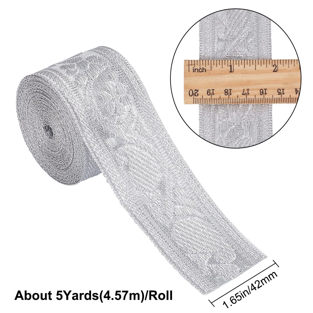 GORGECRAFT 5 Yards 42mm Silver Metallic Jacquard Trim Vintage Floral Emobridered Double Sided Woven Trim Ribbon Glitter Diy Craft Embellishment for Gift Wrapping Bouquet Sewing Wedding Handmade - Image 2