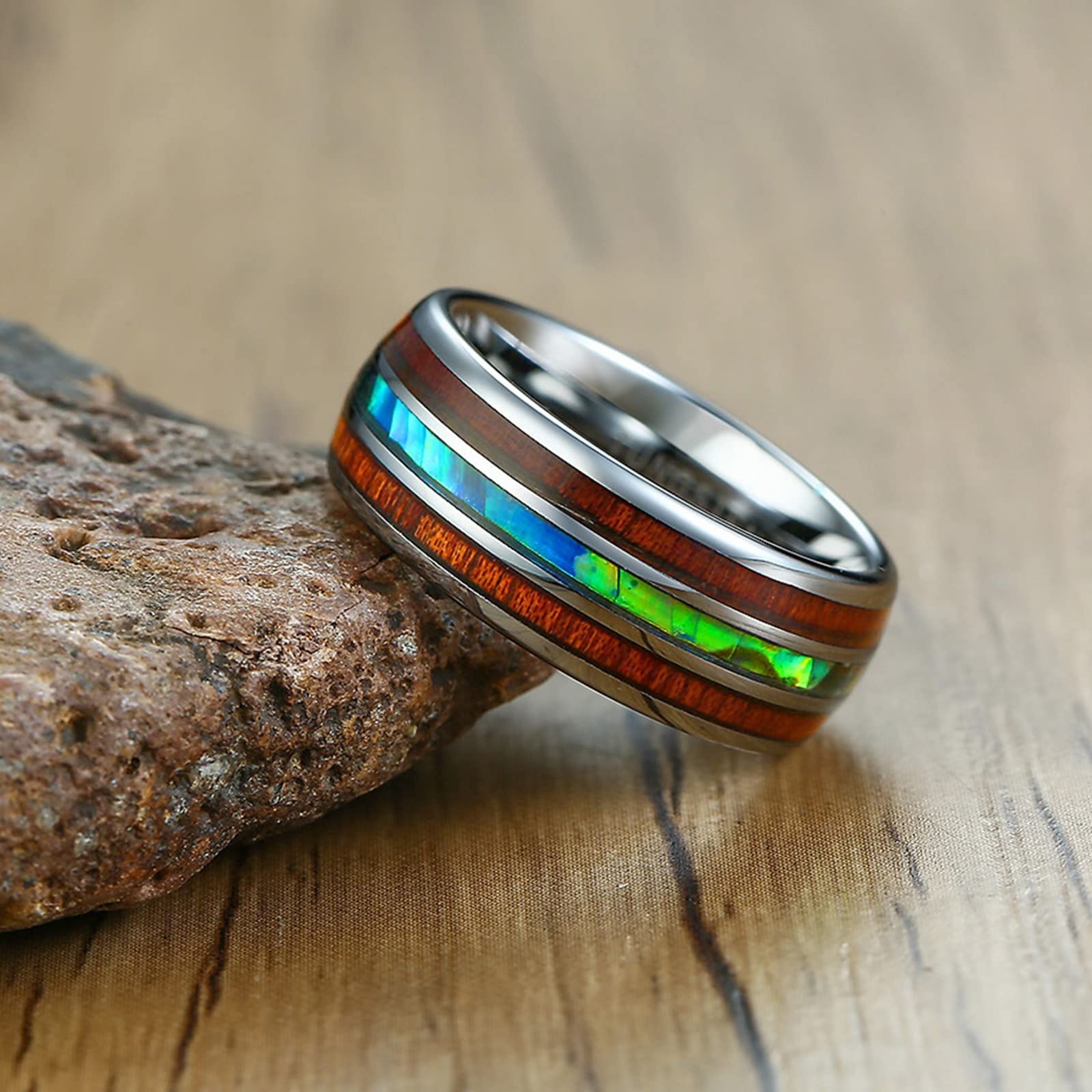 Gualiy Anello Tungsteno Uomo, Anello Uomo Hiphop Anello in Legno e Conchiglia Largo 8 mm Anello Taglia 17 a 27