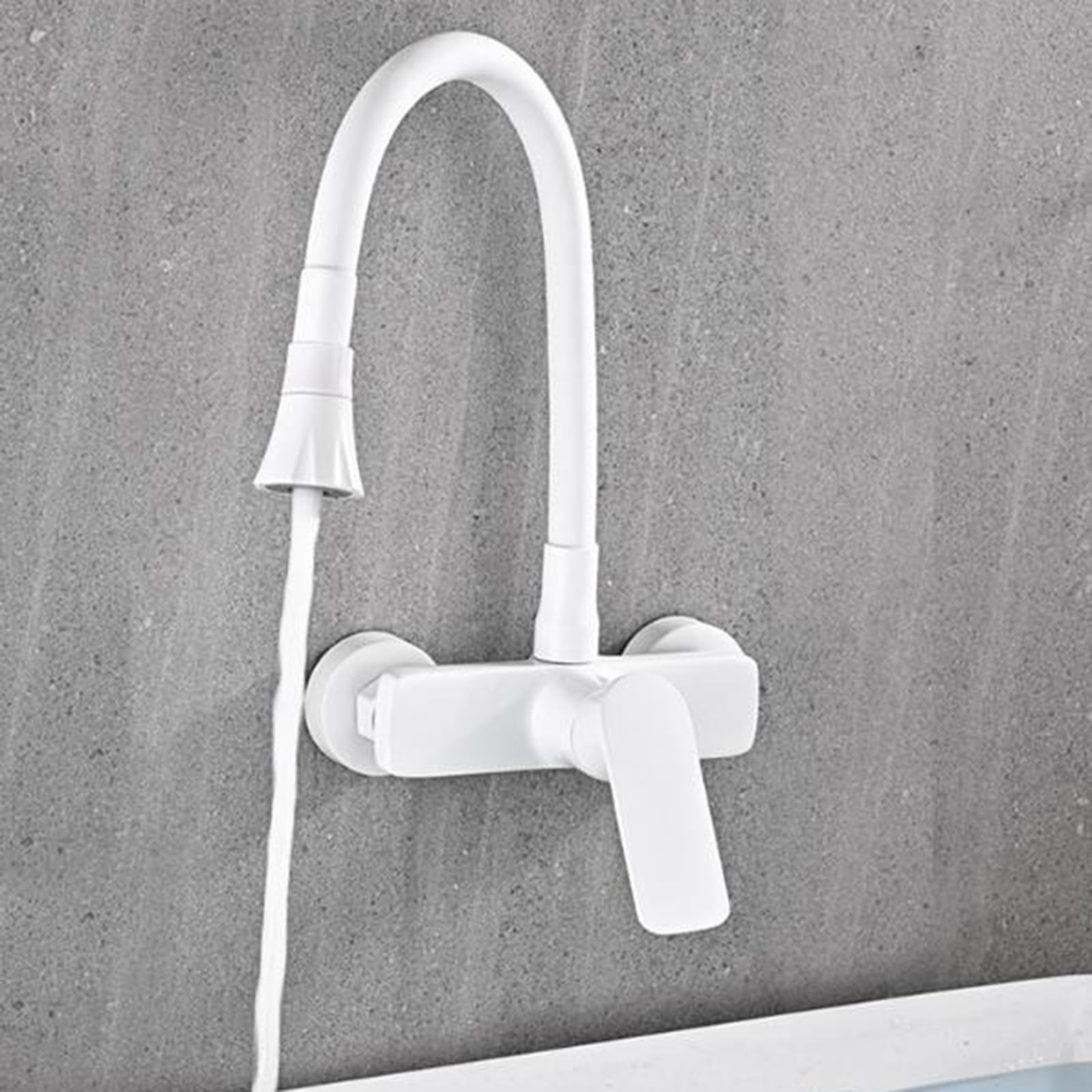 Grifo de Cocina de Pared Blanco, Grifo Fregadero Cocina Modo Dual Giratorio Fría y Caliente Latón Grifo Cocina-Blanco