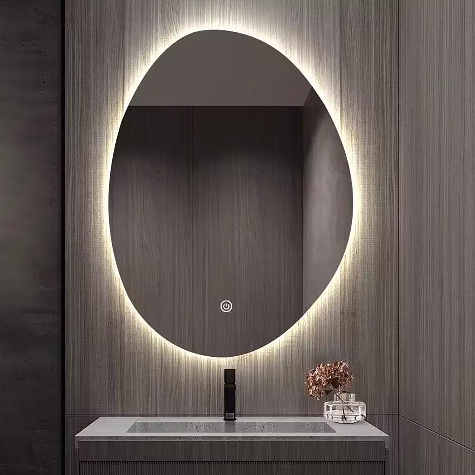 Specchio Espejo de baño Moderno ovalado con iluminación LED, diseño asimétrico Irregular, 3 Colores LED regulables, antivaho, 70 x 90 cm (27,6 x 35,4 pulgadas), montaje en pared retroiluminado, i