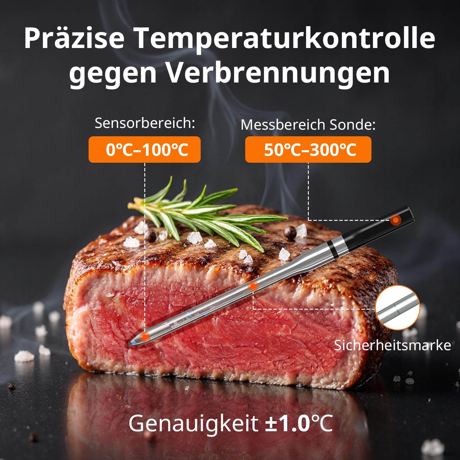 AIRMSEN Kabelloses Fleischthermometer Grillthermometer Bluetooth mit Hitzebeständigem Keramikgriff & LCD-Display 150m Fernüberwachung, Bluetooth 5.4 Smart-App-Steuerung für Räuchern BBQ - 1000mAh Akku