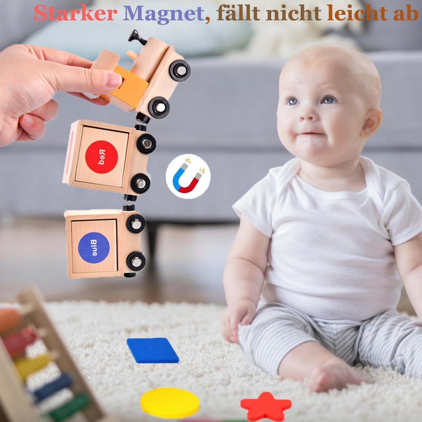 Montessori Magnet-Zug Aus Holz - Spielzeug Ab 1 Jahr, Mit Formen, 41 Cm Lang, Lernspielzeug Für Motorik
