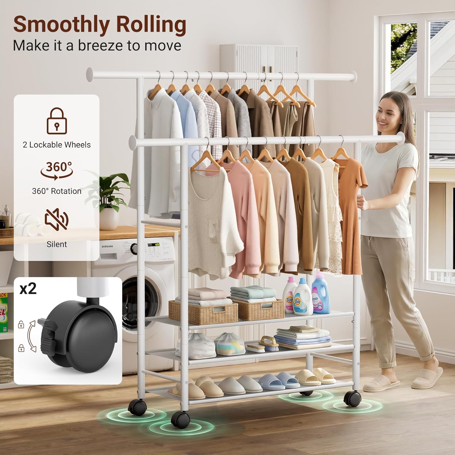 SLEEPING LAMB 44" Double Rods Clothes Rack for Hanging Clothes, Sturdy Metal Clothing Rack with 3 Tier Shelves, Portable Rolling Garment Rack With Wheels for Bedroom, Laundry Living Room, White