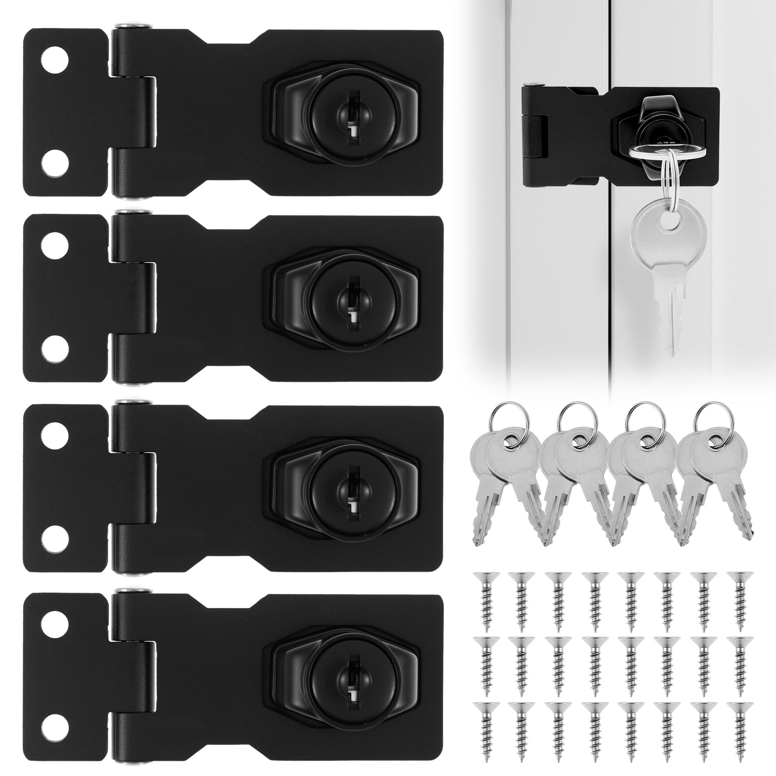 4 Pack Door Lock Hasp with Key, 2.5 Inch Padlock Hinge Latch Hasp and Staple Security Hasps Latch Lock for Shed Door Cabinet Cupboard Drawer Furniture