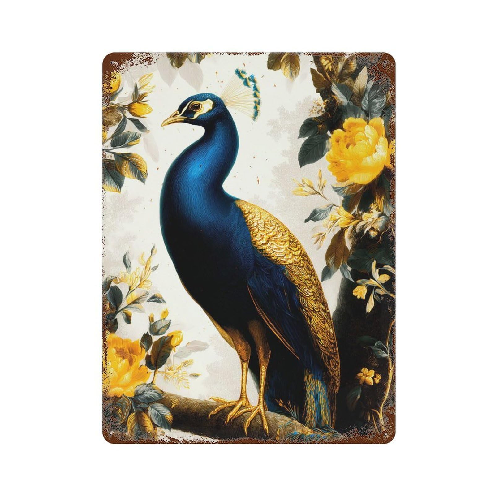 Peacock And Yellow Flowers Illustration 15.7"x11.8" Rustic Tin Plaque, Novelty Wall Decor for Living Room, Hallway And Home Decor