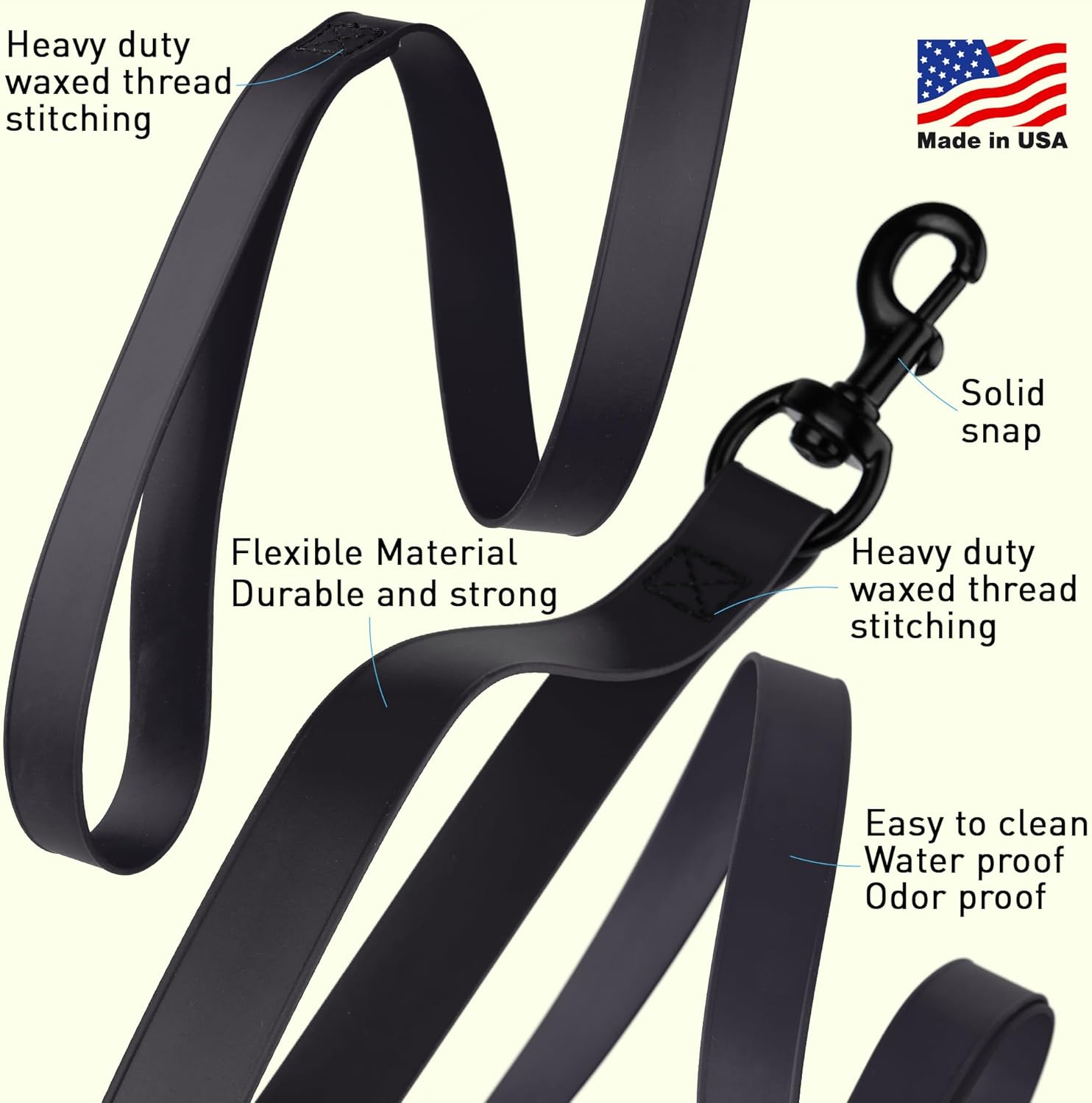 Dogline Biothane Waterproof Multi Handle Dog Leash with Black Hardware - Odor-Proof, Easy to Clean Traffic Control Lead - for Medium or Large Dogs, L 4 ft - W 3/4 in, Black