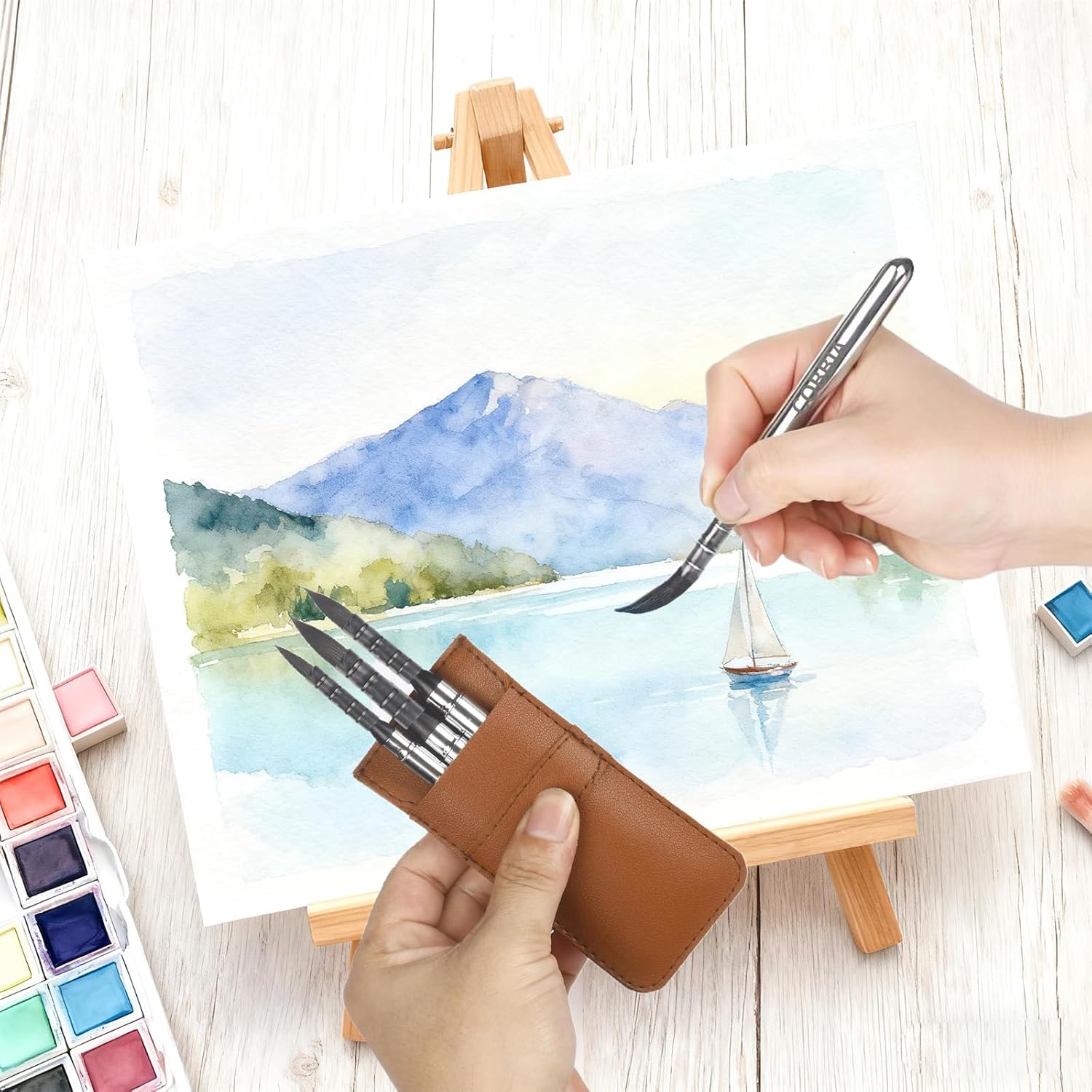 Synthetic Soft Squirrel Mop Round Fine Tip Quill Watercolor Travel Brushes with Leather Pouch for Art Painting, Gouache, Acrylic Painting Oil Painting（4pcs）